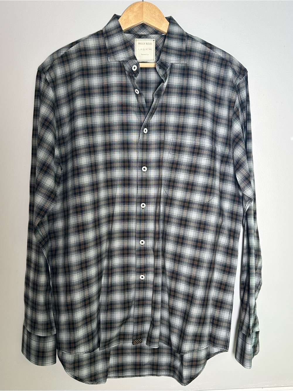 Billy Reid Gray and Blue Plaid Long-Sleeve Button-Down Shirt
